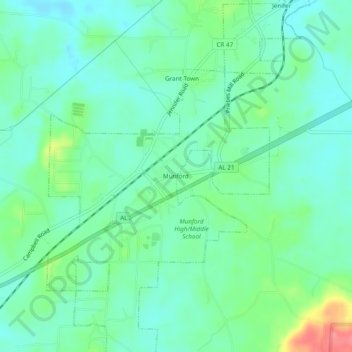 Topografische Karte Munford, Höhe, Relief