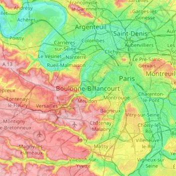 Topografische Karte Boulogne-Billancourt, Höhe, Relief