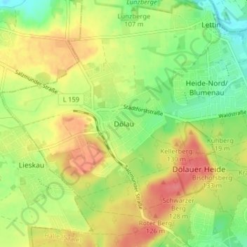 Topografische Karte Dölau, Höhe, Relief