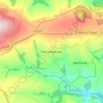 Topografische Karte Harrowbarrow, Höhe, Relief
