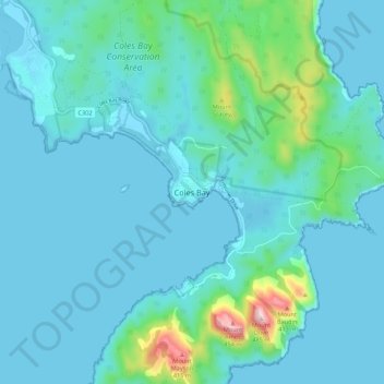 Topografische Karte Coles Bay, Höhe, Relief