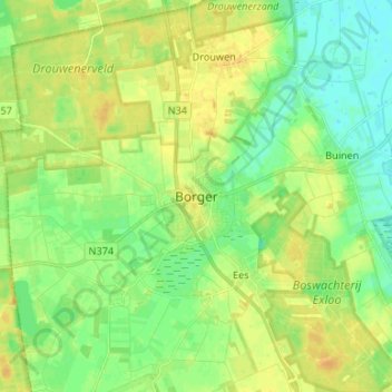 Topografische Karte Borger, Höhe, Relief