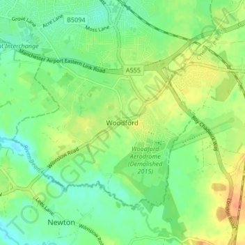 Topografische Karte Woodford, Höhe, Relief