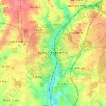 Topografische Karte Bishop's Stortford, Höhe, Relief