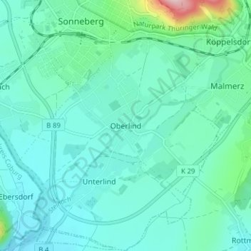 Topografische Karte Oberlind, Höhe, Relief