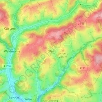 Topografische Karte Olpe, Höhe, Relief