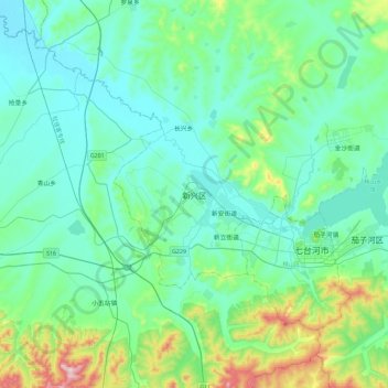 Topografische Karte 新兴区, Höhe, Relief