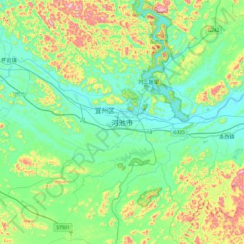 Topografische Karte Hechi, Höhe, Relief