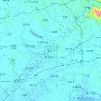 Topografische Karte 茂名市, Höhe, Relief