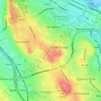 Topografische Karte Oxton, Höhe, Relief
