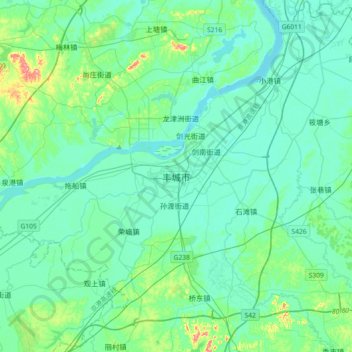 Topografische Karte 丰城市, Höhe, Relief