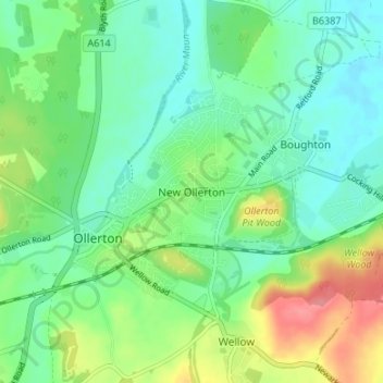 Topografische Karte New Ollerton, Höhe, Relief