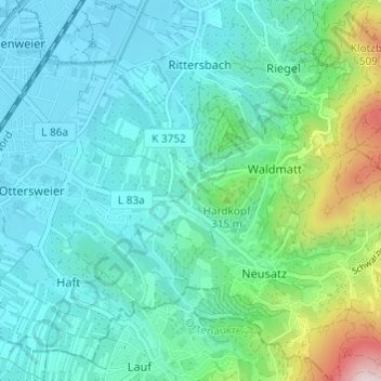 Topografische Karte Hard, Höhe, Relief