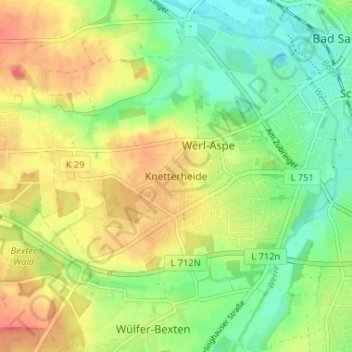 Topografische Karte Knetterheide, Höhe, Relief