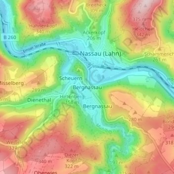 Topografische Karte Bergnassau, Höhe, Relief