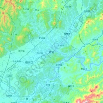 Topografische Karte 歙县, Höhe, Relief