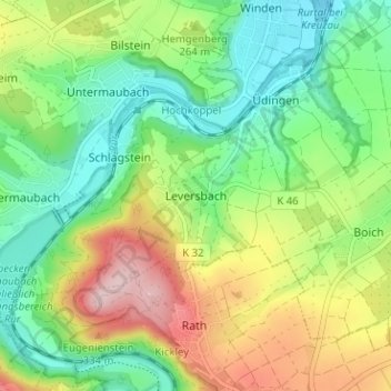 Topografische Karte Leversbach, Höhe, Relief