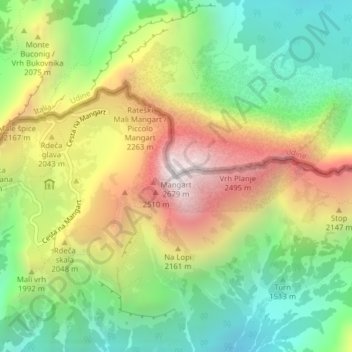 Topografische Karte Mangart, Höhe, Relief