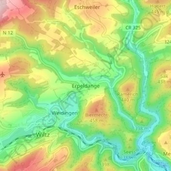 Topografische Karte Erpeldingen, Höhe, Relief