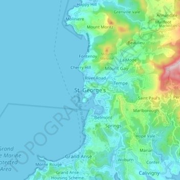 Topografische Karte St. George's, Höhe, Relief