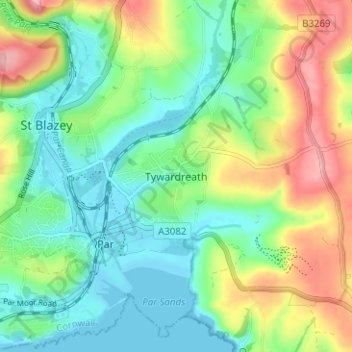 Topografische Karte Tywardreath, Höhe, Relief