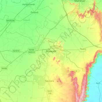 Topografische Karte Bhiwadi, Höhe, Relief