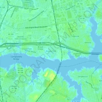 Topografische Karte Grandy Park, Höhe, Relief