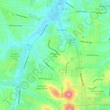 Topografische Karte Whispering Hills, Höhe, Relief