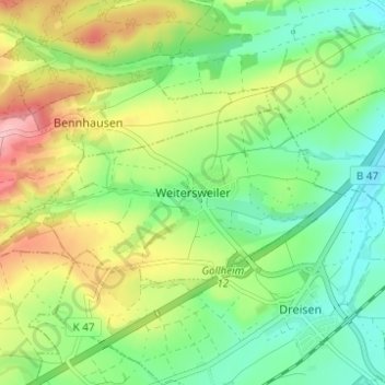 Topografische Karte Weitersweiler, Höhe, Relief