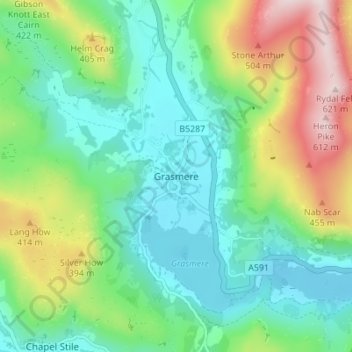 Topografische Karte Grasmere, Höhe, Relief