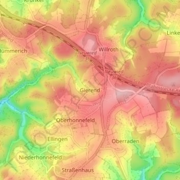 Topografische Karte Gierend, Höhe, Relief