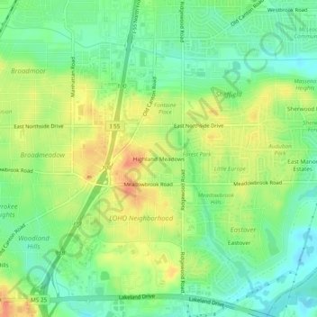 Topografische Karte Highland Meadows, Höhe, Relief