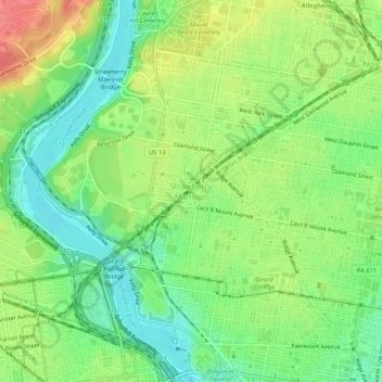 Topografische Karte Strawberry Mansion, Höhe, Relief