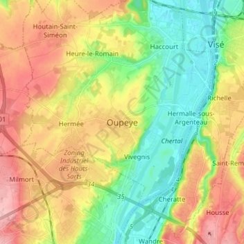 Topografische Karte Oupeye, Höhe, Relief