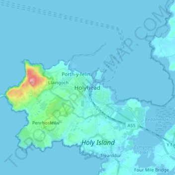 Topografische Karte Holyhead, Höhe, Relief