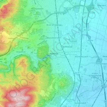 Topografische Karte Mödling, Höhe, Relief