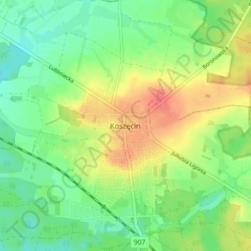 Topografische Karte Koschentin, Höhe, Relief