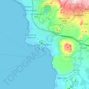 Topografische Karte Los Cristianos, Höhe, Relief