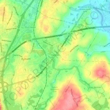 Topografische Karte Pondville, Höhe, Relief