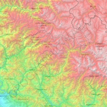 Topografische Karte Uttarkashi, Höhe, Relief