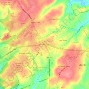 Topografische Karte Newtown Square, Höhe, Relief