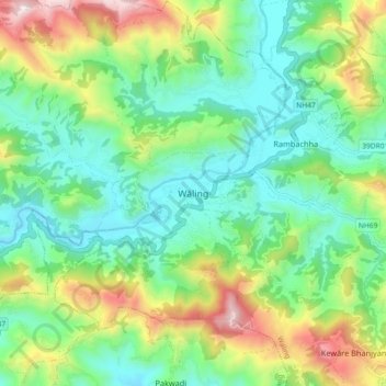 Topografische Karte Wāling, Höhe, Relief