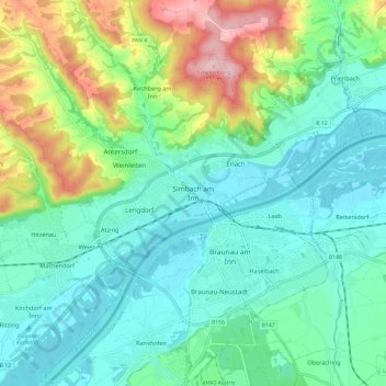 Topografische Karte Simbach am Inn, Höhe, Relief