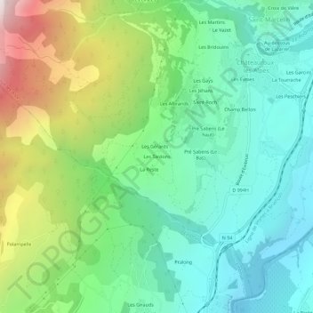 Topografische Karte Les Tardons, Höhe, Relief