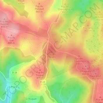 Topografische Karte Puy des Pouges, Höhe, Relief