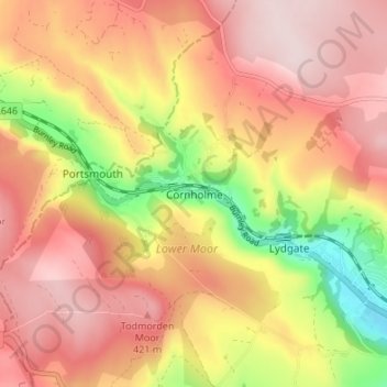 Topografische Karte Cornholme, Höhe, Relief