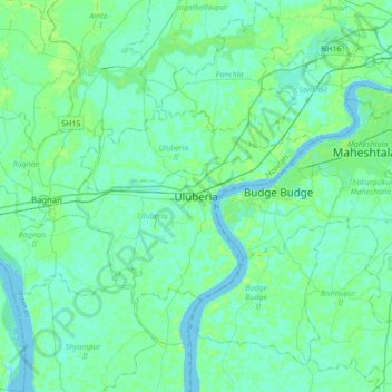 Topografische Karte Uluberia, Höhe, Relief