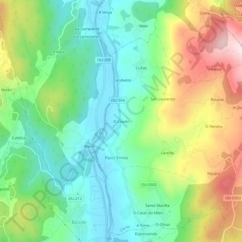 Topografische Karte O Coedo, Höhe, Relief