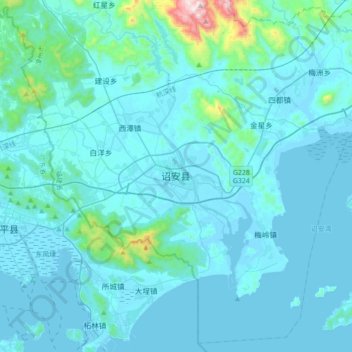 Topografische Karte 诏安县, Höhe, Relief