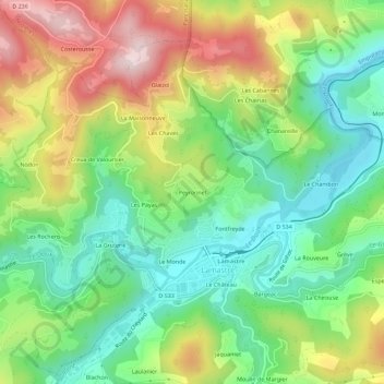 Topografische Karte Peyronnet, Höhe, Relief